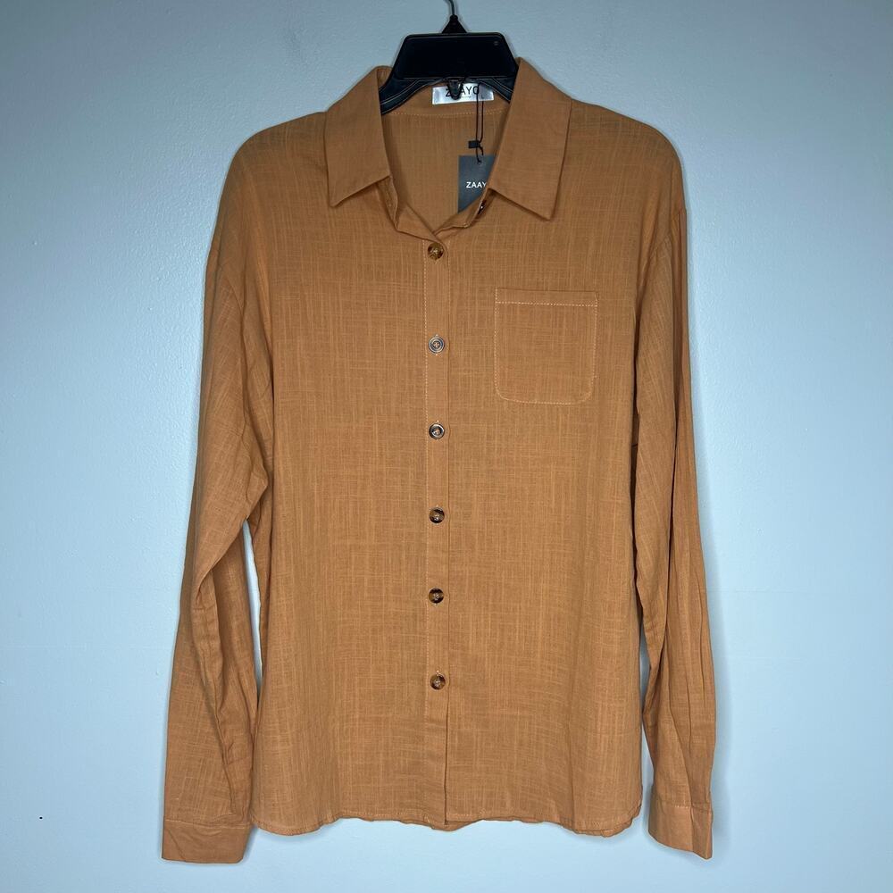 NWT‎ ZAAYO Women's L Cotton Button Up Long Sleeve Dress Shirt Casual Lightweight